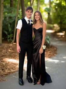 SHEIN Set da 2 pezzi per ragazzo adolescente, look da gentiluomo: gilet slim fit nero doppiopetto + pantaloni eleganti, abito formale per compleanno, matrimonio, laurea, festa, spettacolo