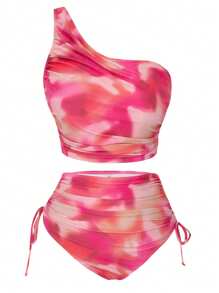 Swim Oasis Plus Size Women's 3-Piece Pink Asymmetrical Shoulder Fashion Elegant Beach Vacation Floral Print Bikini Set With Sarong Beach Outfit For Summer, For Going Out - Pink - View 3