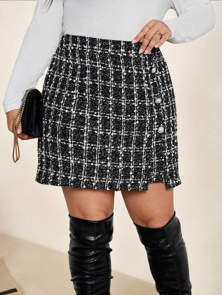 SHEIN Clasi Plus Plaid Pattern Button Detail Tweed Skirt - Black - View 1