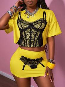Slaydiva 2pcs/Set 2025 Spring & Summer New Boho Coachella Music Festival Casual Daily Beach Holiday Party Street Style Sexy Sweet Cute Millennium Y2K Yellow Black Lace Graphic Printed Elastic Knitted Short Sleeve T-Shirt And Mini Skirt Suit For Women