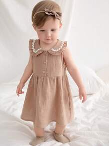 Cozy Pixies Baby Girl Sleeveless Contrast Trim Waist Ruffle Dress - Khaki - View 6