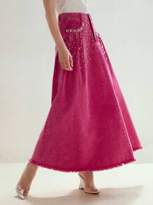 MOTF STUDIO SPÓDNICA DŻINSOWA Z KIESZENIAMI I SZTUCZNYMI PERŁAMI - Różowy - Zobacz 3