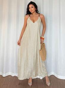 DAZY Women's Loose V-Neck Bead Decor Mid-Length Casual Dress, Summer Maxi Dress - Apricot - View 4