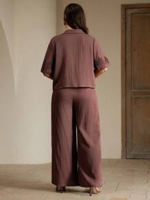 Anewsta 2pcs Set Summer New Polo Collar Design Heavy Embroidery Short Sleeve Top And Pants Plus Size - Redwood - View 2