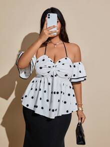 Viva Relle 2025 Women Plus Size Elegant Fashionable Daily Tie-Up Decor Cinched Waist Streetwear Stylish Spring/Summer Fabric Cuff Double Layer Versatile Blouse - White - View 1