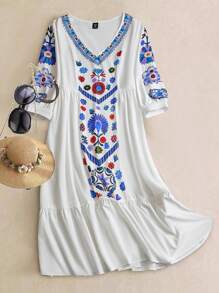 SHEIN LUNE Plus Size Casual Vacation Style Floral V-Neck Dress - Multicolor - View 8