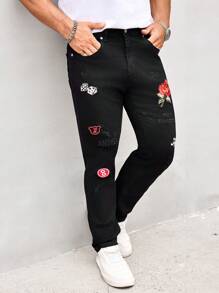 Manfinity LEGND Jeans rectos para hombre con bolsillos con parche bordado, versátiles y casuales