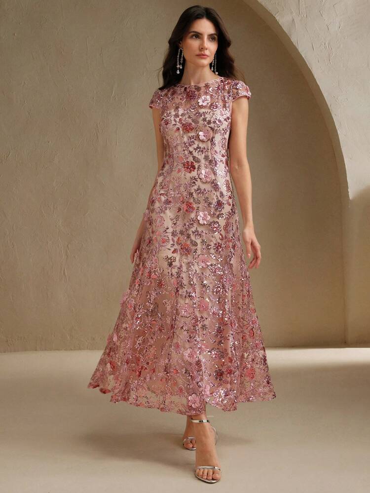 Champagne Color Elegant Floral Mesh Sequin Short Sleeve Dress For Women, Sophisticated Festival, Resort Wear, Spring/ Summer Outfit