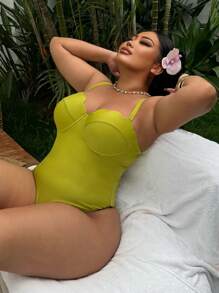 Swim SXY Plus Size Women Summer Beach Holiday Solid Color Shell Trim Bustier One-Piece Swimsuit & Waist Ruched Cover-Up Skirt - Green - View 4