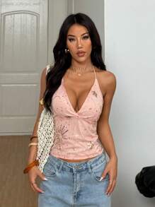 Glamine 女士时尚性感亮片露背吊带背心粉色夏季上衣 - 粉色 - 查看 6