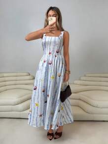 Roylia 女士春夏度假风海洋图案条纹印花方领细肩带高腰褶饰 A 字长裙 - 彩色 - 查看 3