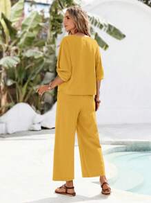 EMERY ROSE 2件套女式军绿色圆领七分袖上衣和长裤