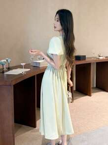 Celisse Đầm midi thanh lịch kiểu chữ A trơn màu cho nữ, thích hợp mặc hàng ngày, đi làm và đi chơi, phong cách Trung Hoa mới - màu xanh lá - Xem 2