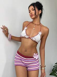 Aloruh 2pcs Women Floral Decor Halter Cropped Knit Top And Striped Knit Shorts Sexy Set - Multicolor - View 9