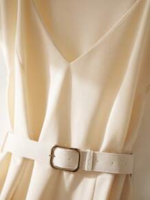 SHEIN Frenchy Plus Size Women Casual Solid V-Neck Batwing Sleeve Buckle Belted Dress, Summer - Beige - View 4