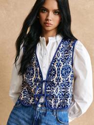 Poéselle Camiseta de tirantes con estampado floral vintage y nudo delantero para mujer