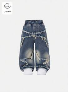 SHEIN Playful Pals 女婴休闲柔软牛仔裤，舒适松紧腰牛仔裤，时尚街头风格，适合春秋季节 - 中等水洗藍 - 查看 1