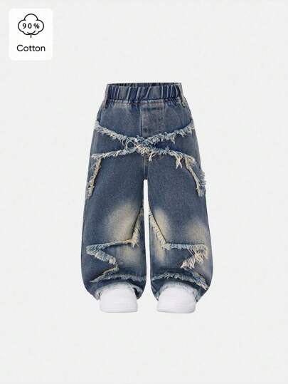 SHEIN Playful Pals 女婴休闲柔软牛仔裤，舒适松紧腰牛仔裤，时尚街头风格，适合春秋季节