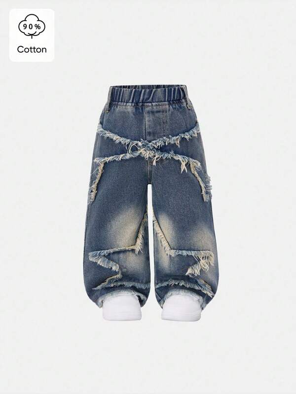 SHEIN Blugi moale ocazional pentru fetițe, pantaloni confortabili din denim cu talie elastică, stil vestimentar la modă, potriviti pentru primăvară și toamnă