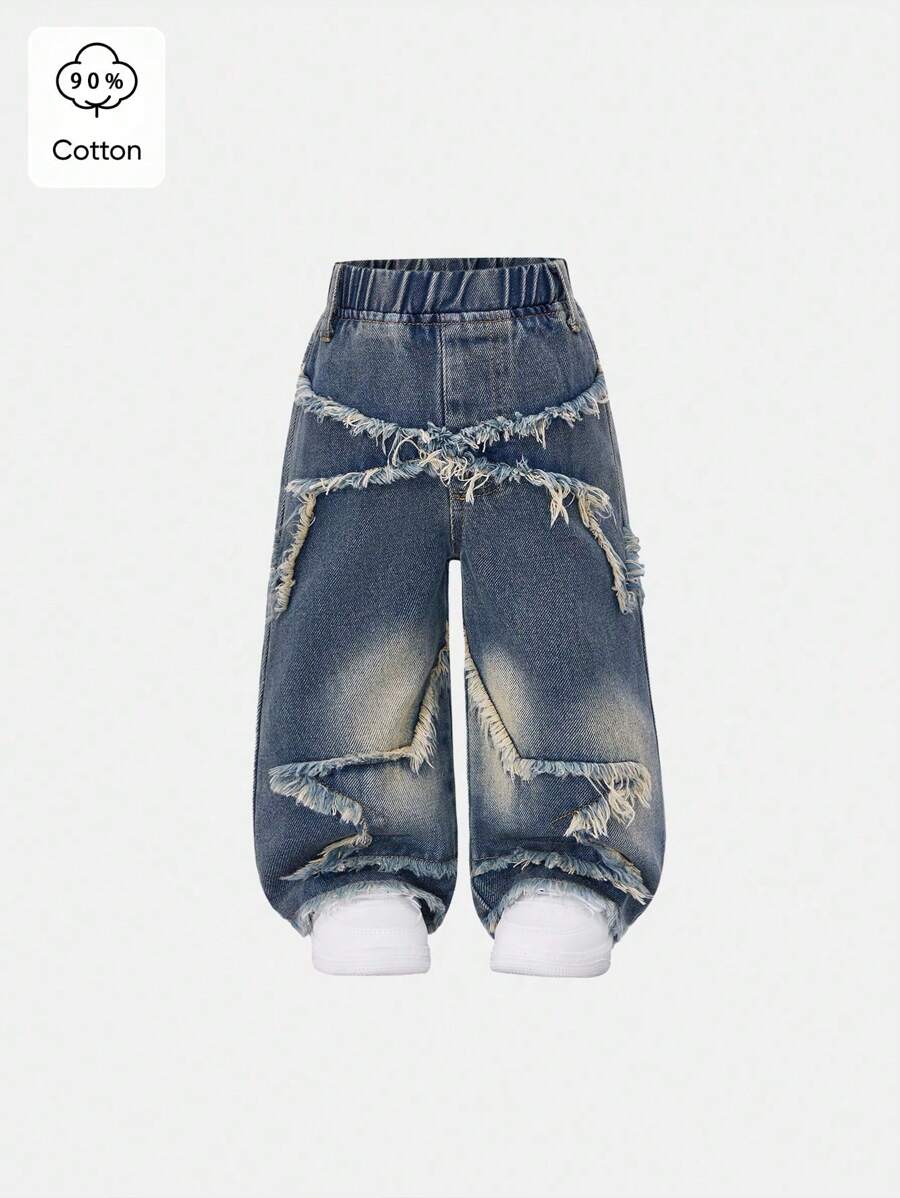 SHEIN Playful Pals 女婴休闲柔软牛仔裤，舒适松紧腰牛仔裤，时尚街头风格，适合春秋季节 - 中等水洗藍 - 查看 1