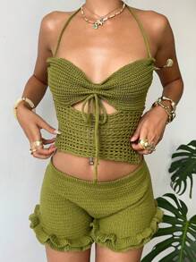 Aloruh 2 pezzi Set di maglia senza maniche e pantaloncini da donna alla moda con collo - Verde militare - Visualizzare 6