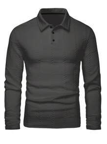 Manfinity Homme 男士提花面料纽扣门襟长袖 Polo 衫，春秋季，白色纽扣男士 Polo 衫男士休闲长袖衬衫，休闲上衣男士时尚上衣，秋季 - 深灰色 - 查看 3