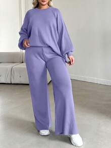 EURMUSE 2pcs Plus Size Solid Color Long Sleeve Sweater Top And Pants Set - Lilac Purple - View 7