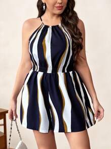 SHEIN Clasi Plus Size Women's All Over Printed Halterneck Romper For Summer - Blue and White - View 1