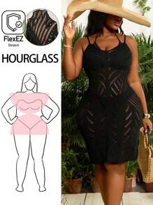 Slaydiva Plus Size Women's Black Backless Hollow-Out Vacation Elegant Beach Knit Dress For Summer - Black - View 2