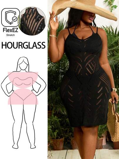 Slaydiva 大码女式黑色露背镂空度假优雅沙滩针织连衣裙
