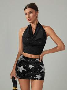 SHEIN Tall 女款五角星亮片裝飾緊身迷你裙，夜店性感風，適合高個女性 - 黑色 - 查看 6