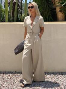 Livesso Bộ đồ nữ gồm áo croptop cổ bẻ màu trơn và quần ống rộng, trang phục công sở thoải mái, rộng rãi. - Màu Khaki - Xem 1