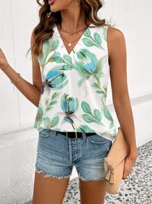 Shutterstock Glamance Women's Elegant V-Neck Sleeveless All-Over Floral Print Casual Tank Top For Summer