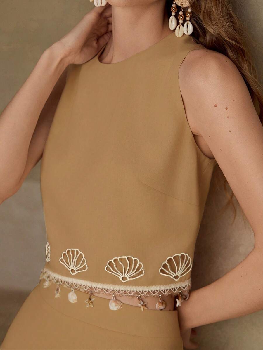 MOTF PREMIUM 亚麻刺绣贝壳细节背心 - 摩卡棕 - 查看 1