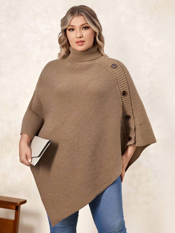 SHEIN Clasi Plus Turtleneck Button Detail Asymmetrical Hem Poncho Sweater