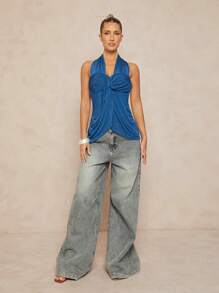 Lumalex Halter Twist Marszczony Odkryty Tył Metalowy Łańcuch Dekoracja Damski Top - Turkusowy - Zobacz 4