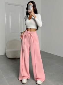 SHEIN EZwear 纯色抽绳休闲宽松运动裤 - 粉色 - 查看 6