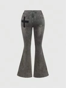 ROMWE Avant Jeans pitillo de tiro súper bajo con diseño cruzado de estampado de cebra y parches, estilo vintage Y2K de mujer