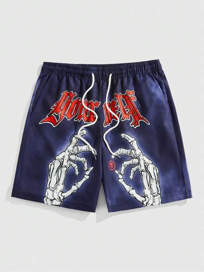 Goth Men's Simple Print Drawstring Casual Shorts