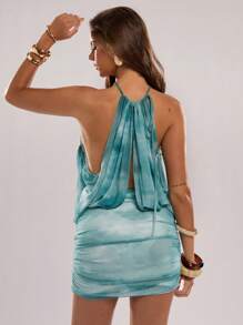 SHEIN BAE 女式扎染褶皱领口无袖连衣裙 - 藍色 - 查看 2