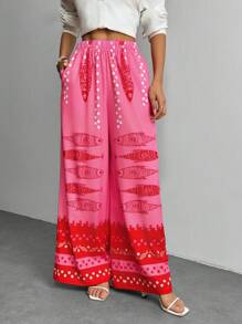 SHEIN PETITE 春夏度假梭织印花高腰宽松阔腿女裤 - 彩色 - 查看 6