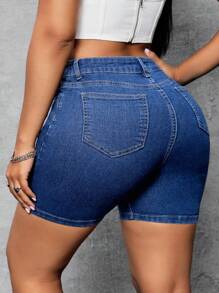 SHEIN SXY Quần short jean lưng thun cho nữ cỡ lớn, dáng thường ngày, Xuân/Hè - Rửa trung bình - Xem 2