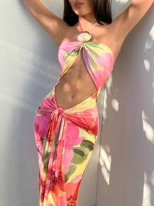 Aloruh Vestido largo con estampado floral, decoración de hebilla de metal hueca y ajustado con lazo en el cuello para mujer, atuendos de playa, vestidos de verano, atuendos de luna de miel, atuendos de vacaciones en la isla, vestidos de sol para mujer