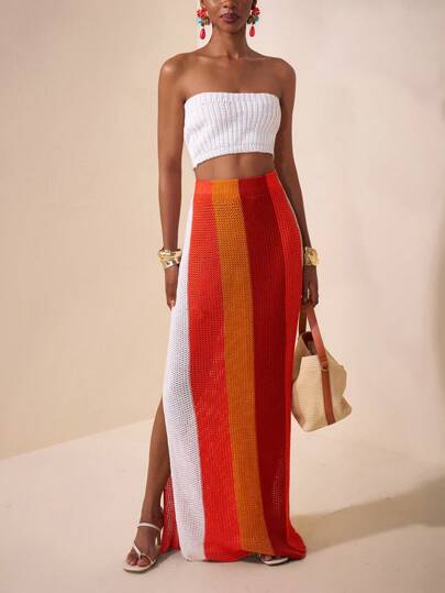 Zivah Conjunto de verano 2 piezas 2025 de estilo europeo y americano para playa y paseo, con top tubo sexy que deja ver el ombligo y falda larga de lana a media pierna a rayas en naranja, caqui, vino tinto y blanco