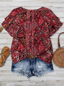 Linhara Plus Size Women Cashew Flower Double-Layer Ruffle Sleeve Blouse - Multicolor - View 2