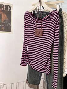 INAWLY Striped One Shoulder Long Sleeve T-Shirt, Asymmetrical Slim Fit Undershirt Fall Cloth For Women