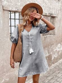 SHEIN LUNE Vestido holgado casual de estilo de vacaciones con cuello en V a rayas verdes para mujer, de verano