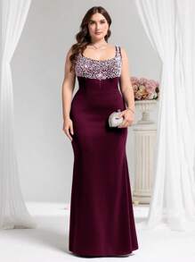 Coutiva Plus Size Women Pearl Decor Fish Tail Hem Formal Dress, Suitable For Banquet, - Burgundy - View 6