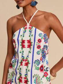 Travachic 女式复古印花系带露背迷你吊带裙、度假风格、编织图案印花、女士休闲夏季度假装、波西米亚海滩度假装、波西米亚风时尚、节日装、女士沙滩装、女士夏季装、毕业装、夏季太阳裙、女士生日礼服、海滩必备品、茶会礼服、7 月 4 日女士装、俱乐部装、露肩