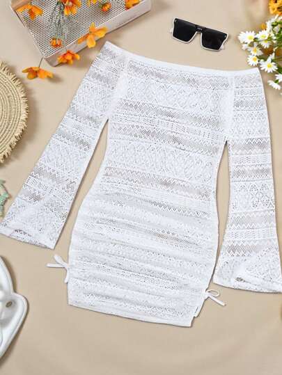 SHEIN Teen Girl Ivory Knitted Jacquard Off Shoulder Dress With Ruched Hem